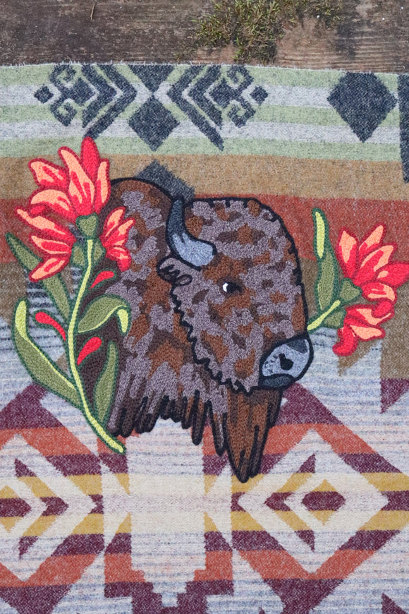 Chainstitch Embroidered Bison on Pendleton Wool Panel
