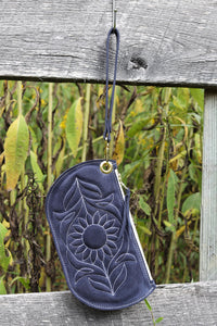 Suede Sunflower Leather Wristlet: Navy
