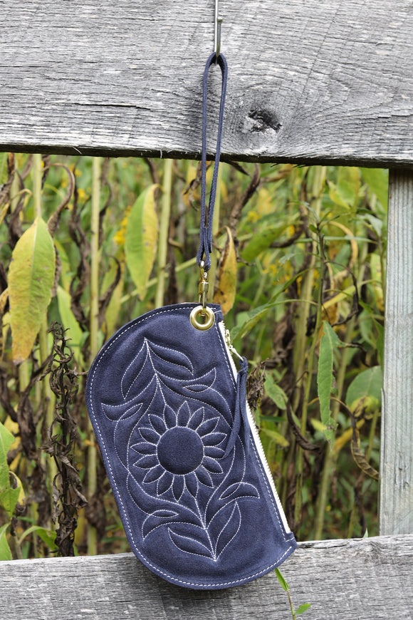 Suede Sunflower Leather Wristlet: Navy