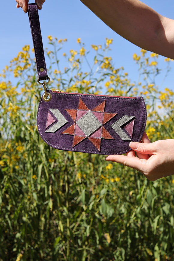 Barn Star Suede Leather Wristlet: Eggplant