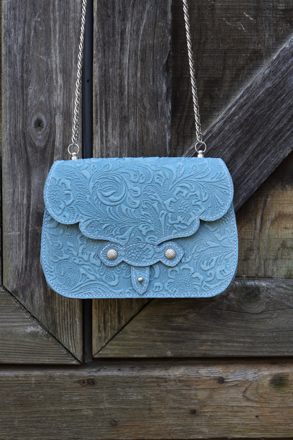 The Jennings Bag: Floral Embossed- Blue & Silver