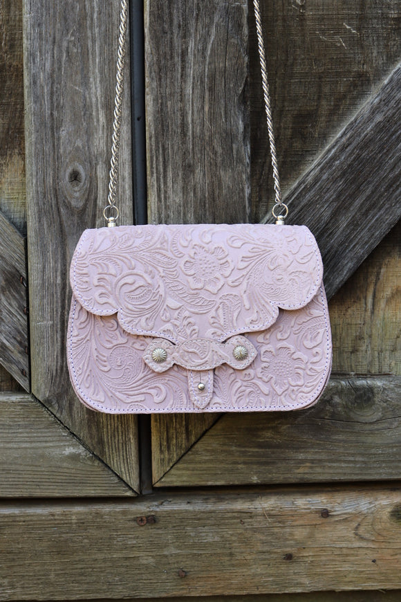 The Jennings Bag: Floral Embossed- Pink & Silver