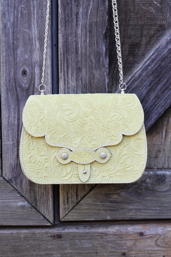 The Jennings Bag: Floral Embossed- Yellow & Silver