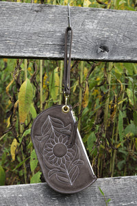 Suede Sunflower Leather Wristlet: Dark Brown