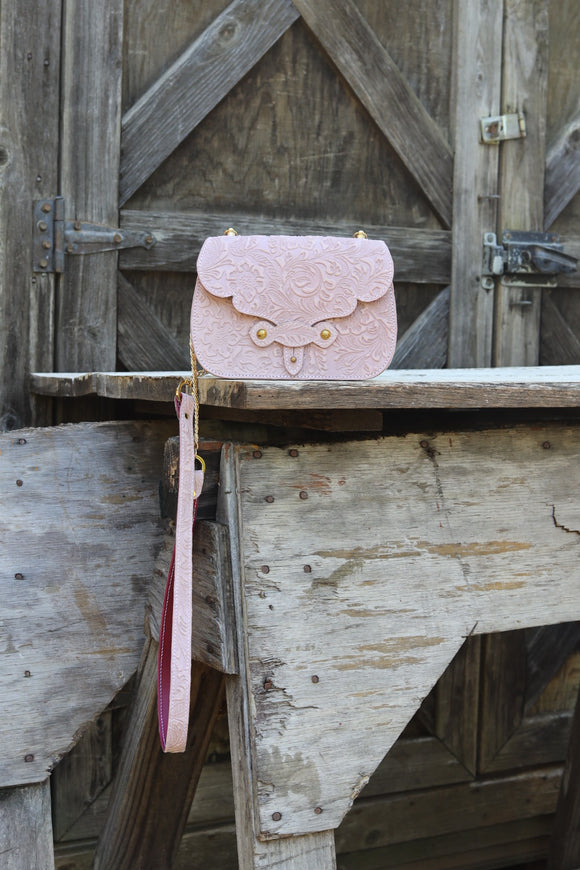 The Jennings Bag: Floral Embossed- Pink & Gold